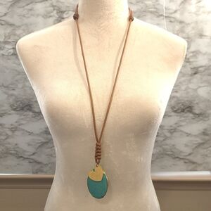 Handmade Women's Pendant Brown Cord Necklace Faux StoneTurquoise Heart 19 Inches
